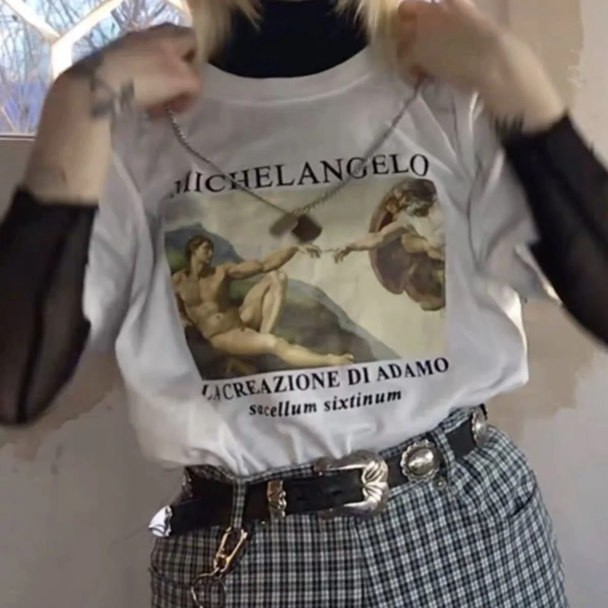 Kuakuayu HJN Michelangelo Cappella Sistino Tričko Harajuku Ulzzang Tumblr T Shirt Ženy T-shirt Kawaii T Shirt Dámske Tričká