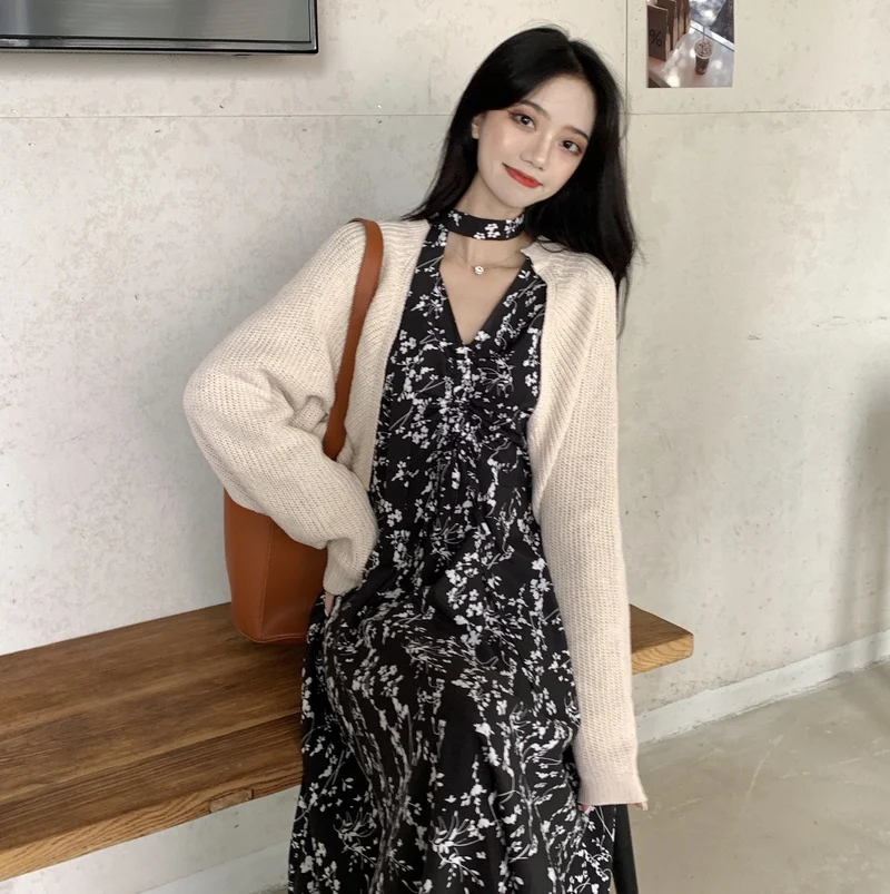 Kvetinové Šaty Žien Office Lady Bežné Strany Elegantné Šaty Žena Bežné Dlhý Rukáv V krku Jeden Kus oblečenia kórejský 2020 Jeseň