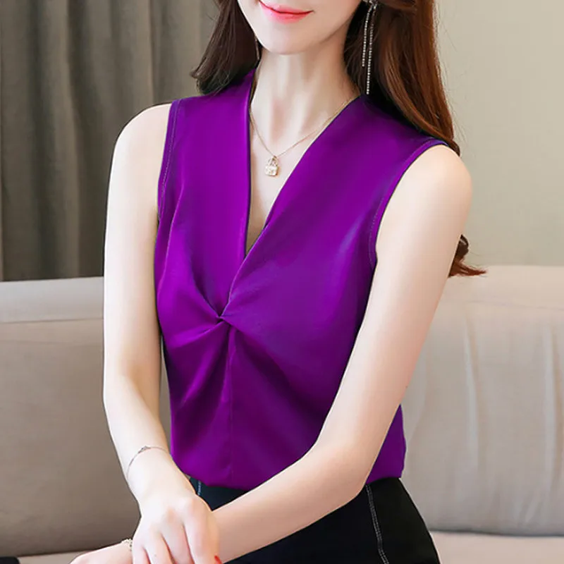 Kórejský bez Rukávov Saténový Top Šifón Tričko dámske 2021 Lete Nové tvaru Voľné Office Lady Vest Pevné Nádrže Topy 10076
