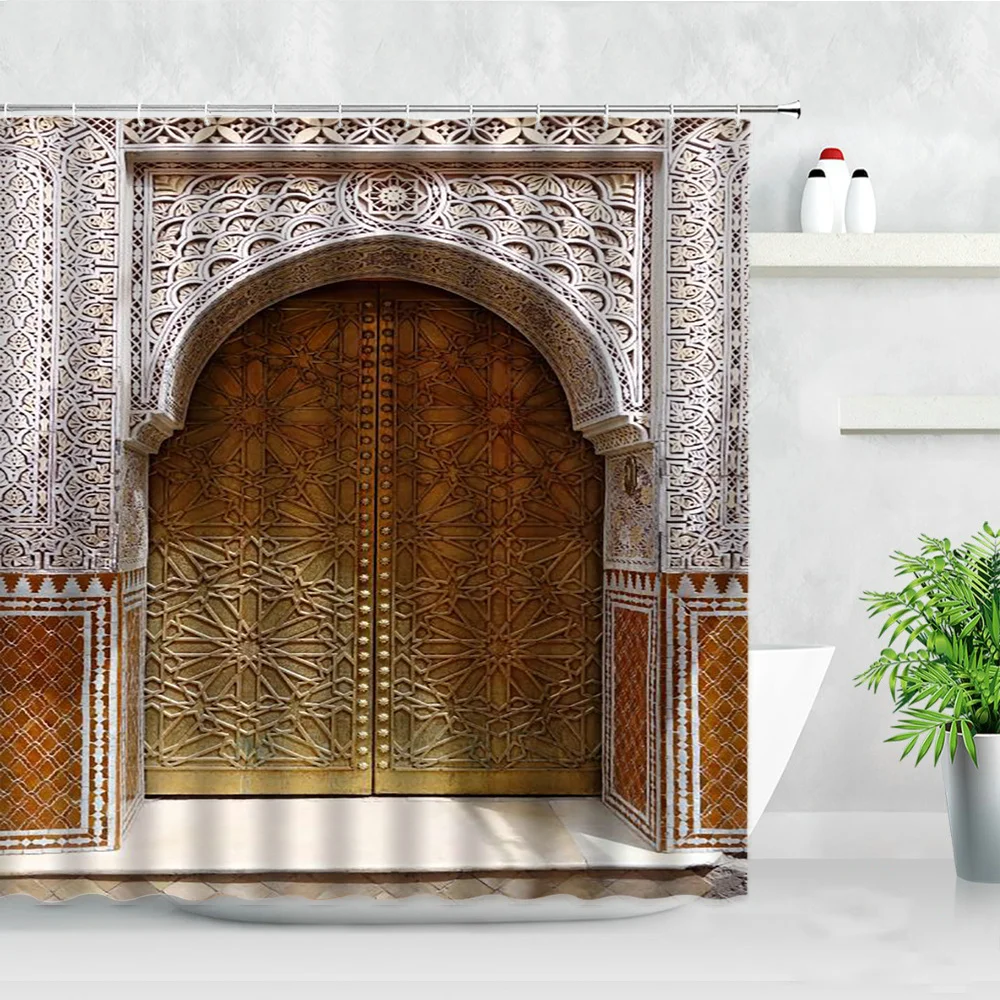 Kúpeľňa Nepremokavé Sprchový Záves Sady Marocký Dávnych Architektonický Návrh Kamenné Dvere Tlač Polyester Domova Záclony