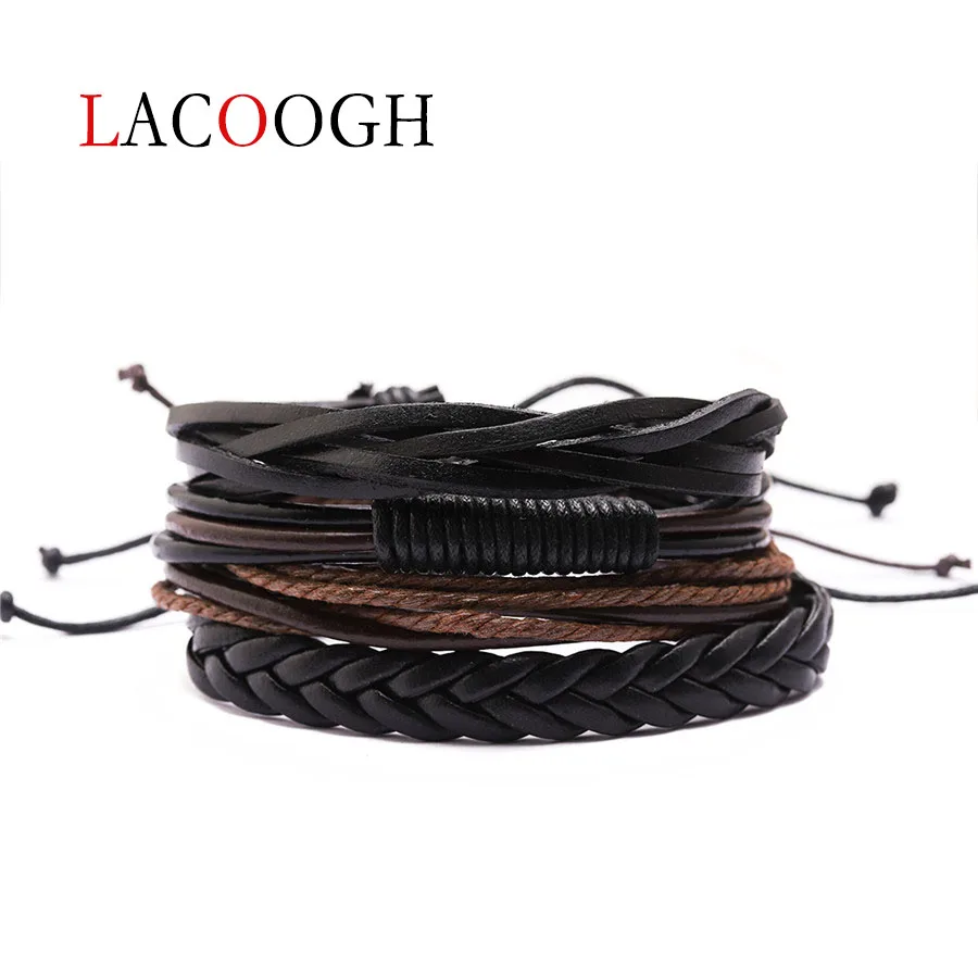Lacoogh štyri-kus tkané kožený náramok mužov nastaviteľná dĺžka 19.5 cm, náramky, prívesky homme módne šperky