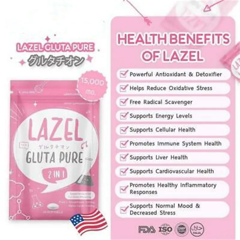 Lazel Gluta Čistý 2 v 1 Glutatión,Redukovať tmavé škvrny,Rozjasnenie Pokožky Antioxidant ,S prírodnými rozžiarenosť 30 ks