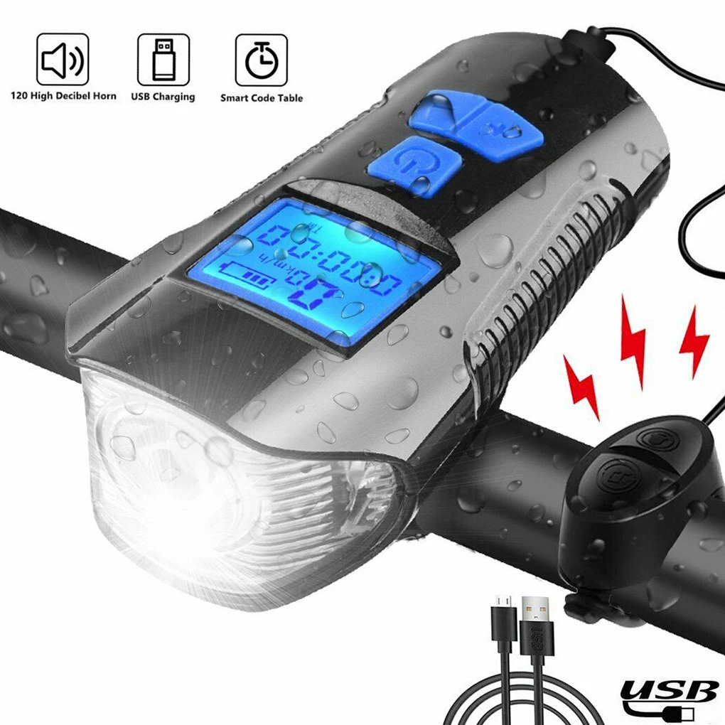 LCD Displej USB Nabíjanie Bicykel Predné Svetlo Nepremokavé Cyklistické Baterka Riadidlá Cyklistické Vedúci Svetlo W/ Horn Speed Meter