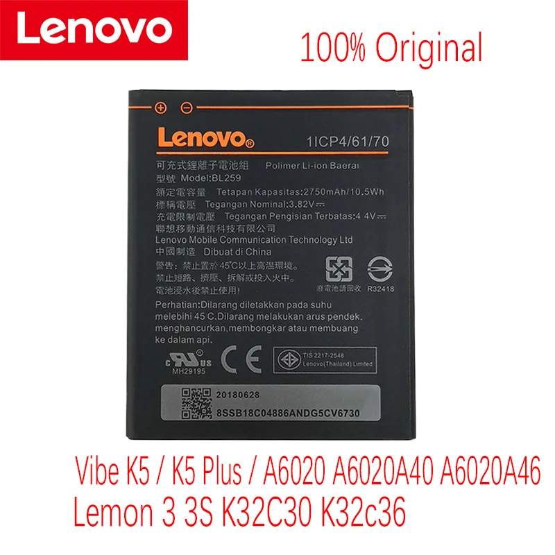 Lenovo Atmosféra K5 / K5 Plus / A6020 A6020A40 A6020A46 / Citrón 3 3S K32C30 K32c36 Na Sklade, NOVÝ BL259 2750mAh Batérie