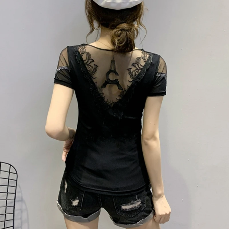 Letné kórejské Oblečenie T-shirt Módne Diamanty Eiffelova Veža Ženy Topy Ropa Mujer Nylon Sexy Späť Tričko Tees 2020 Nové T04817