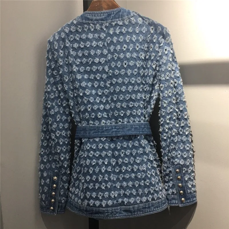 [LIVIVIO] Vintage Blue Denim Jacket S Pásom v strede zúžený Roztrhlo Hole Ženy Kabát 2019 Jeseň Dlhý Rukáv Vrecká Streetwear Nové