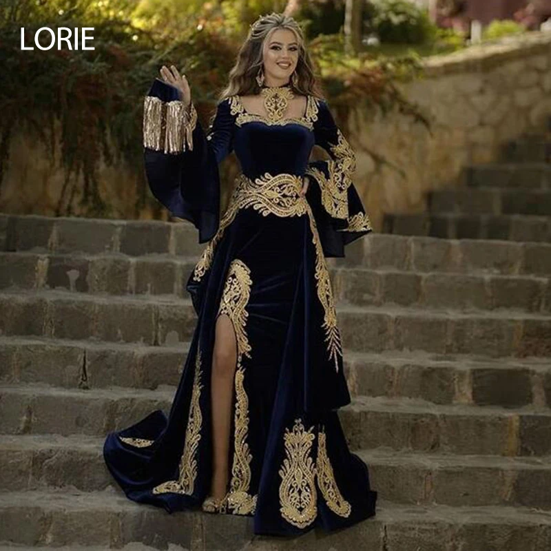 LORIE Marocký Kaftane Večerné Šaty 3 Kusy Odstrániť Sukne Appliques Zlato Čipky Dlhý Rukáv Morská víla Velvet Prom Celebrity Šaty