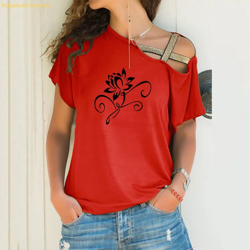 Lotus Umenie Karikatúry T Shirt Ženy Letné Nový Krátky Rukáv T Shirt Ženy 2020 Sexi Asymetrické Ramenný Tee Tričko Femme Topy