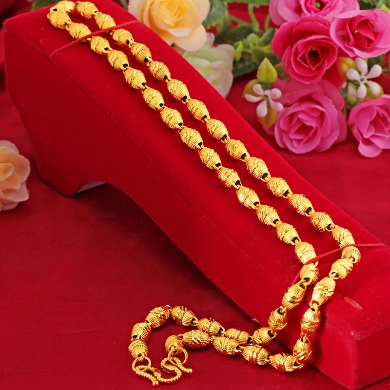 Luxusné 24k Žlté Zlato olivový Tvar Mužov Náhrdelník Odkaz Vietnamskej Piesku Zlaté šperky Ženy Náhrdelník Reťazca Jemné Šperky Svadobný Dar