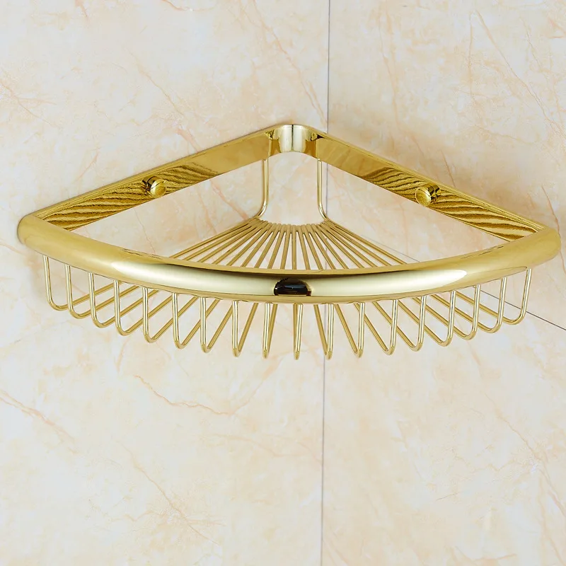 Luxusné Zlaté Leštené Pevné Brass Rohu Koša 2 Vrstvy Starožitné Pozlátené Kúpeľňa Polica kúpeľňové Doplnky na Stenu HW