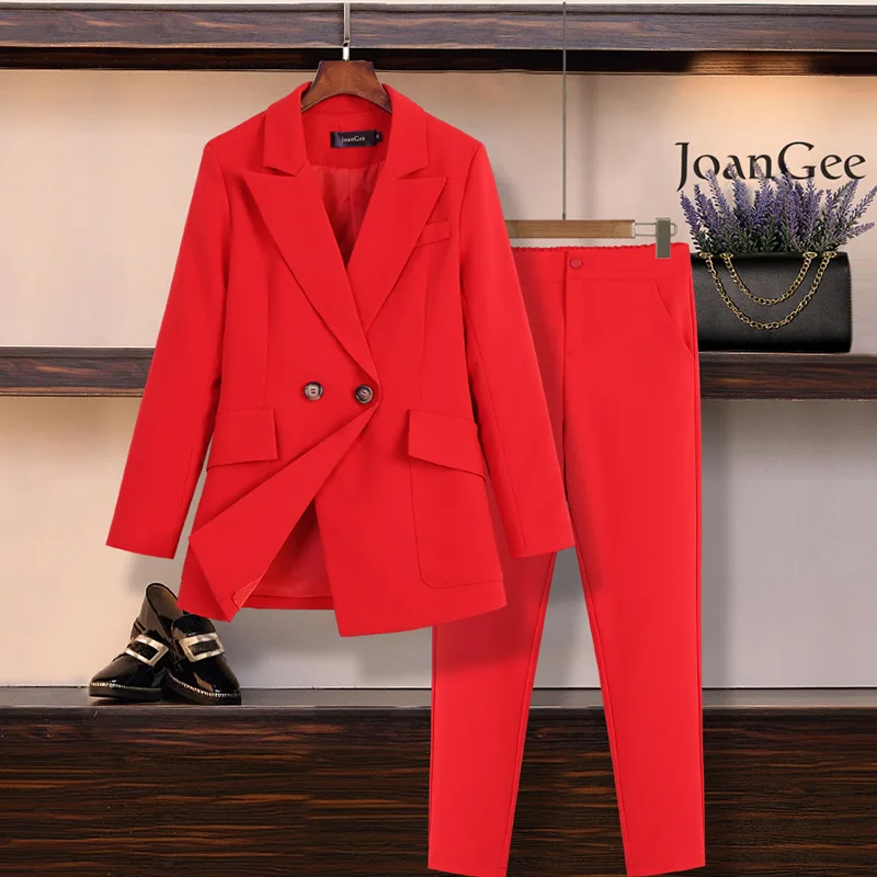 M-5XL veľké veľkosti žien oblek nohavice nastaviť Nové jesenné a zimné bežné profesionálne červená bunda, sako Bežné nohavice set dvoch
