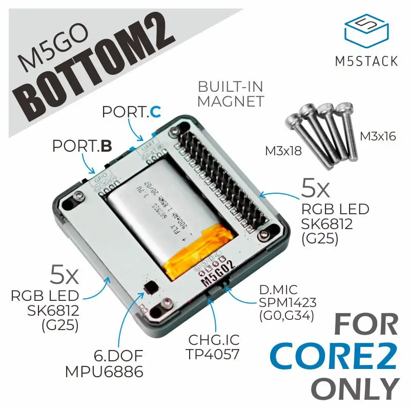 M5GO BOTTOM2 M5Stack Core2 vyhradená rozširujúca batéria base 500 mAh s mikrofónom SPM1423 MPU6886 HY2.0-4P