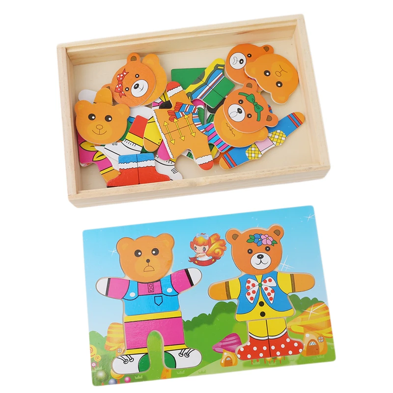 Malý medveď meniť oblečenie Detí raného vzdelávania Drevená skladačka Puzzle Obväzu hra, Detské Drevené Puzzle, hračky