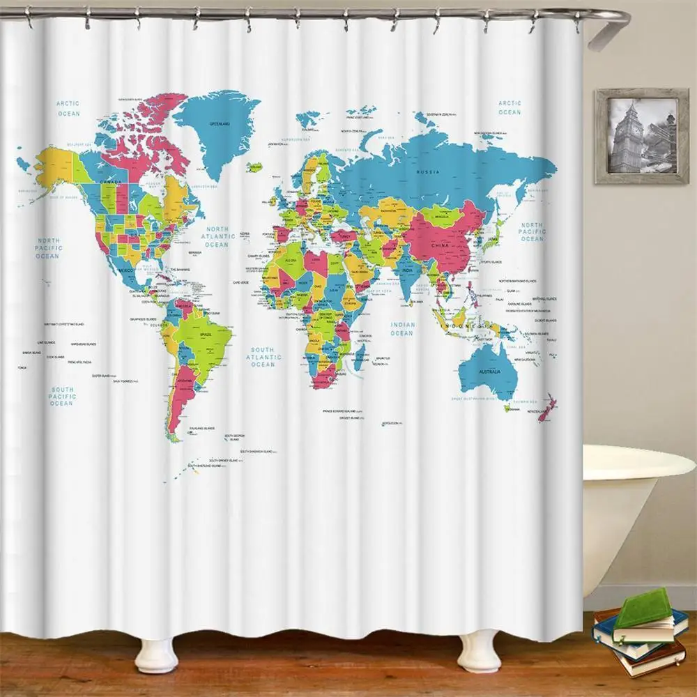 Mapa Sveta, Sprchový Záves Nová Kúpeľňa Tkaniny Polyester S Krajín A Miest Tlač Sprchový Záves S Háčikmi