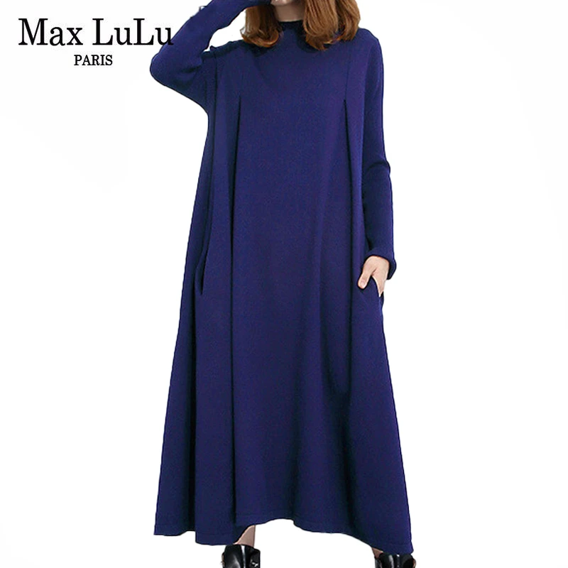 Max LuLu Kórejský Zimné Módne Značkové Oblečenie Dámske Elegantné Dlhé Voľné Šaty Dámske Ležérne Sexy Pletené Vestidos Plus Veľkosť