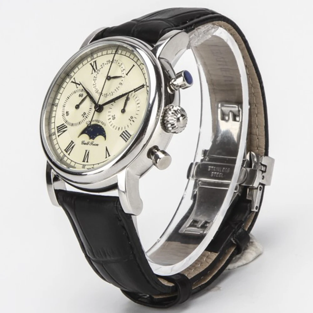 Mechanický Chronograf Hodinky mužov náramkové hodinky Seagull ST1908 Pohyb Zlata z Nehrdzavejúcej Ocele Sapphire Fázy Mesiaca Náramkové Hodinky pánske
