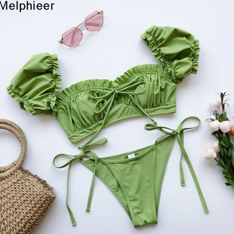 Melphieer Dva-kus ženy ruched lístkového bikini 2020 lete brazílske bikiny bandeau nastaviť väzby prednej strane plavky kúpacie plavky