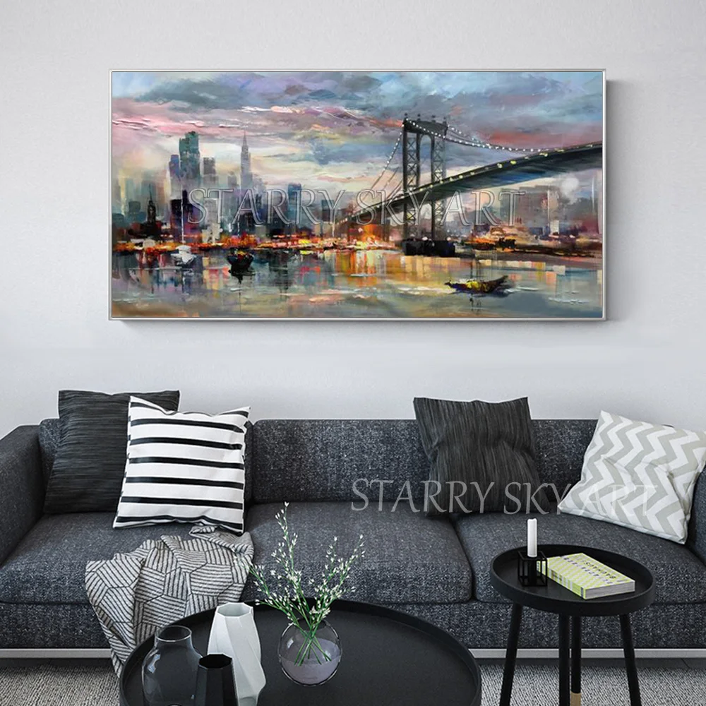 Mesto Krajiny Ručne maľované Vysoká Kvalita Súčasného New Yorku Mrakodrapov, olejomaľba na Plátne New York Most olejomaľba