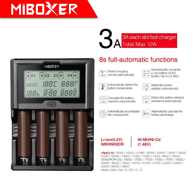Miboxer C4-12, LCD Displej Nabíjačka pre Li-ion/Ni-MH/Ni-Cd/LiFePO4 18650 14500 26650 AAA AA nabíjateľné batérie