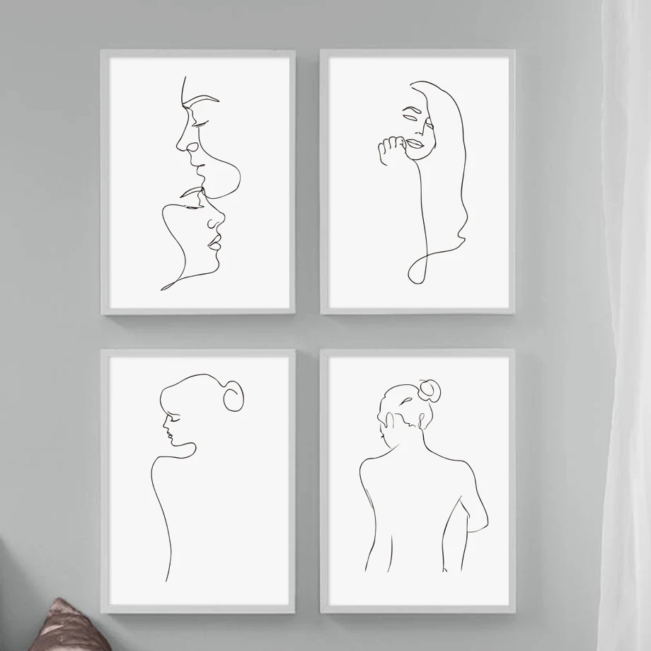 Minimalistické Línie Tváre Žena Muž Kiss Škandinávie Umelecké Plátno Na Maľovanie Nordic Plagáty A Vytlačí Na Stenu Obrázok Pre Obývacia Izba Dekor