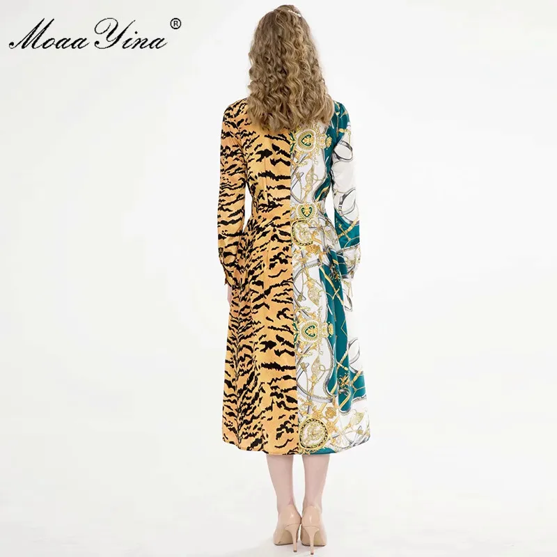 MoaaYina Módny Návrhár šaty Jar AutumnWomen Šaty s Dlhým rukávom Prúžok Leopard tlač Vintage Šaty