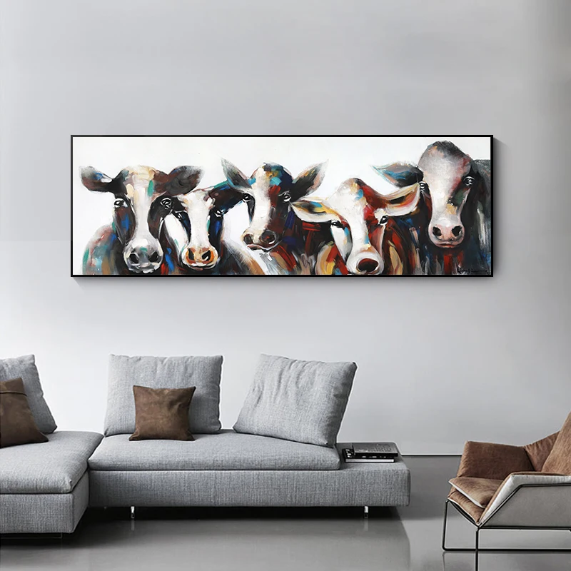 Moderné Abstraktné Originál olejomaľby päť kráv na Plátne Plagáty a Tlačí na Steny Umenie Maľba na Obývacia Izba Domova