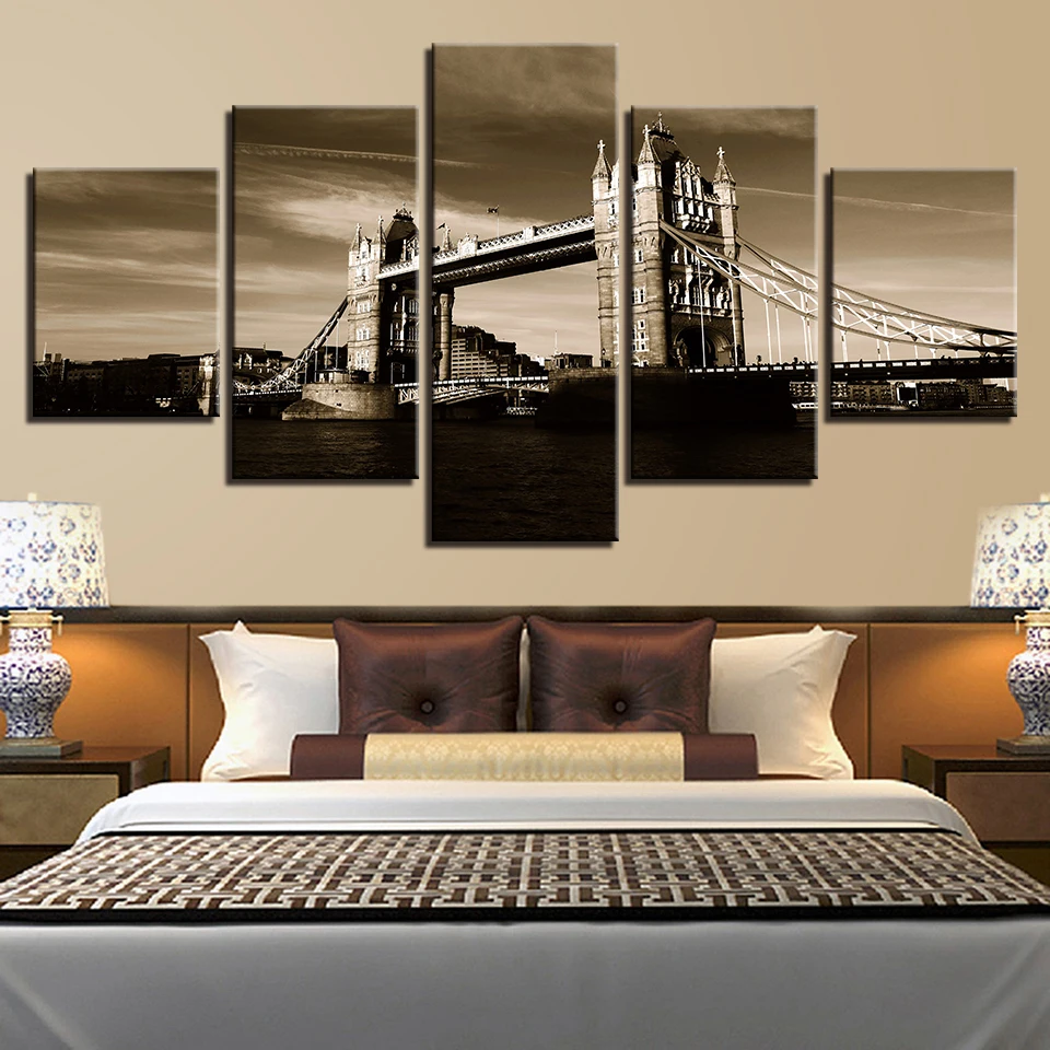 Moderný Domov Wall Art Decor Rám Obrázkov 5 Ks London Tower Bridge Krajiny HD Tlač Maľovanie Na Plátno Obývacia Izba