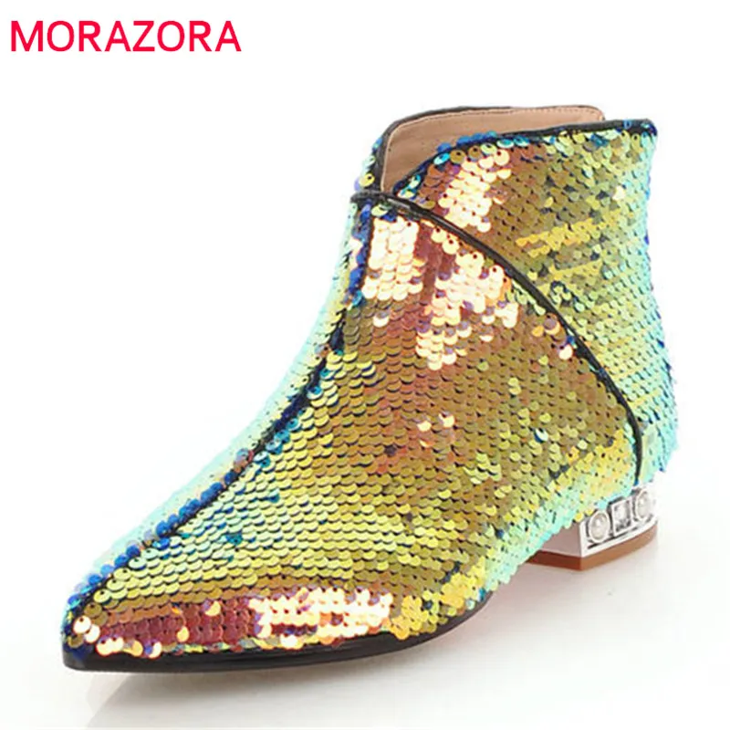 MORAZORA 2020 hot predaj sequined handričkou členková obuv pre ženy ukázal prst námestie podpätky, topánky žena móda jeseň zimné topánky