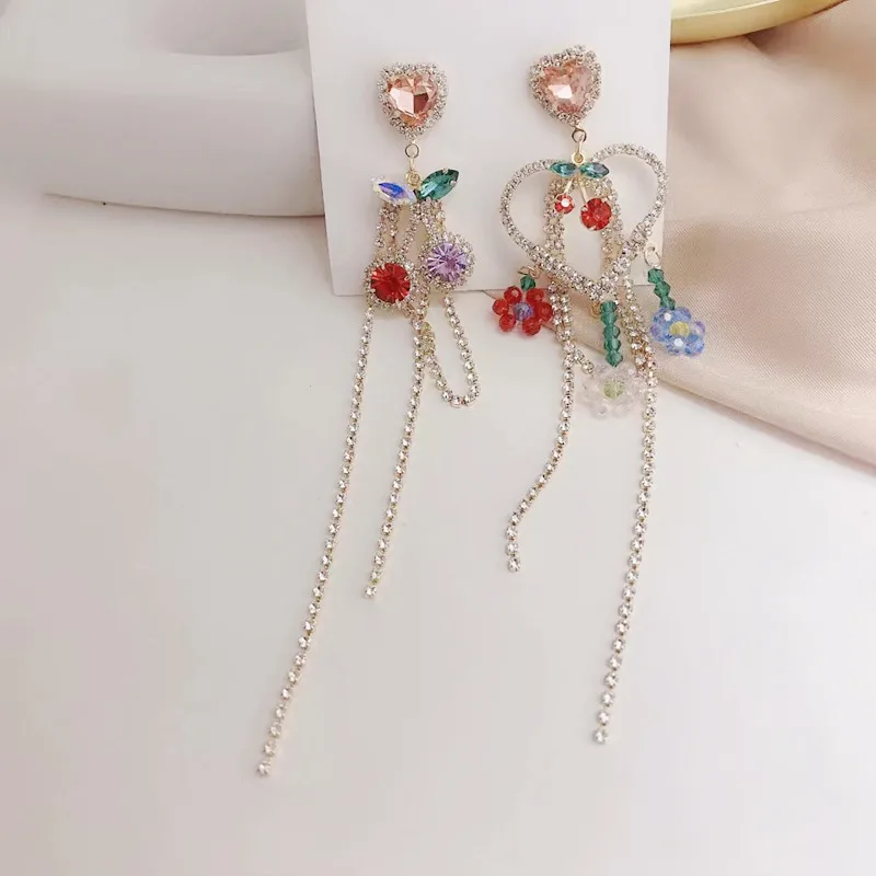MWSONYA kórejský Luxusné Drahokamu Srdce Dlhý Strapec Drop Náušnice pre Ženy Asymetrický Roztomilý Módne Cherry Šperky Pendientes