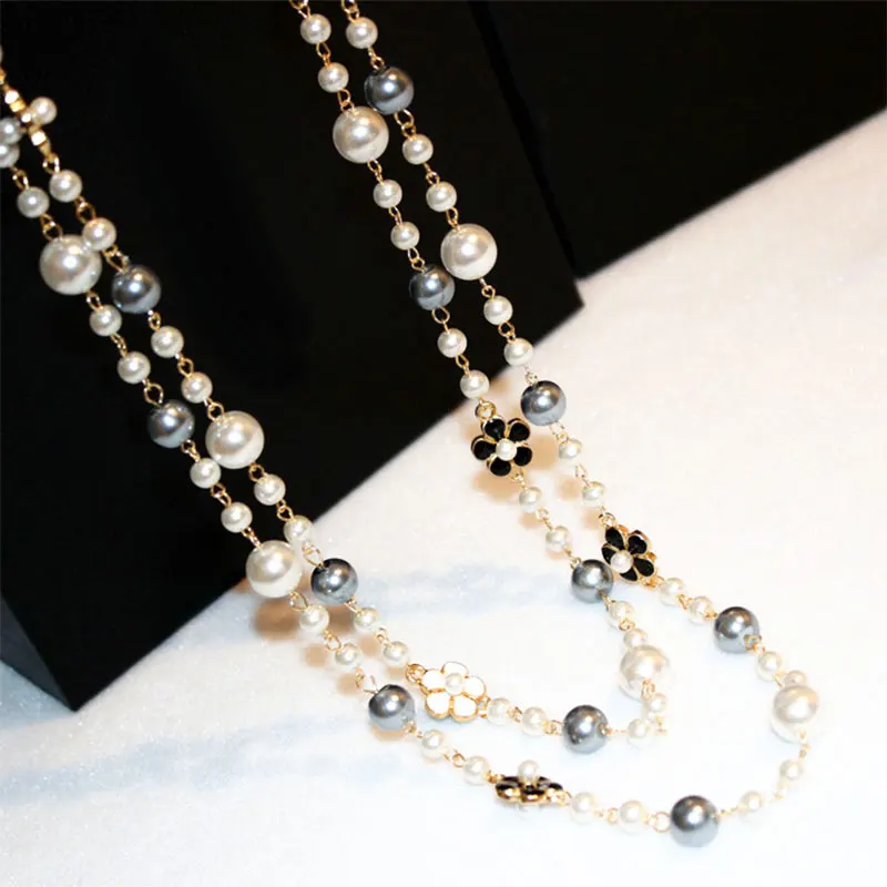 Móda Klasické Dvojité Vrstvy Simulované Perlový Náhrdelník Pre Ženy Bijoux Luxusné Šperky Dlhý Náhrdelník Jemné Darčeky Pre Matku