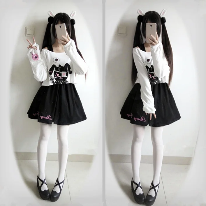 Móda Nový Japonský Lolita Jar Leto Cartoon Králik Tlač 2 Ks Oblek dievčatá Top+Šaty Sladké Roztomilý Black Králik dievčenské šaty