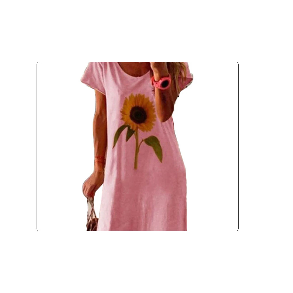 Móda Ženy Slnečnice Kvetinový Tlač Okrúhlym Výstrihom, Krátky Rukáv Strane Split Voľné Dlhé Šaty