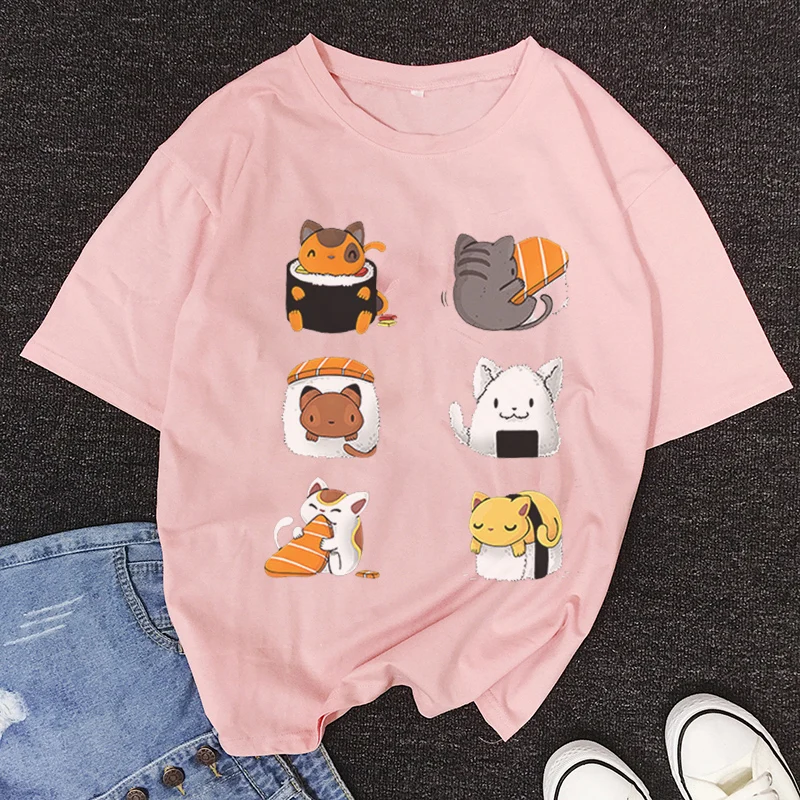 Módne Letné Tričko Kawaii Sushi Cat T Shirt Ženy Grafické Tees Ženy Camiseta Mujer Vintage Nadrozmerné Ženy T-shirt