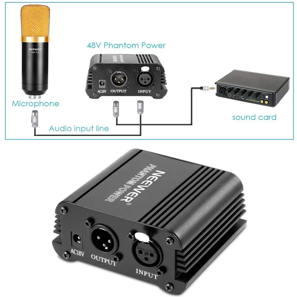 Neewer 2 Pack 1 - Kanál, 48V Phantom Napájanie Black s Adaptérom pre Všetky Kondenzátora Mikrofón na Nahrávanie Hudby Zariadenia