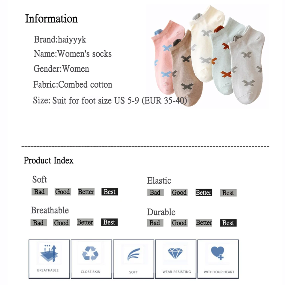 New Vysoká Kvalita Česanej Bavlny Krátke Ponožky Ženy Roztomilý 3D Ucho Tlač Žien Ponožka Mäkké Priedušné Neviditeľné Ponožky 5 Párov