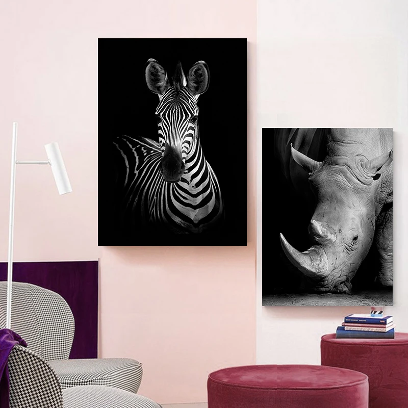 Nordic Čierna Biela Zviera Slon Zebra Lev, Žirafa Rhino Plátno Maľovaní Plagátov a Vytlačí Plagát, Obraz Wall Art Decor