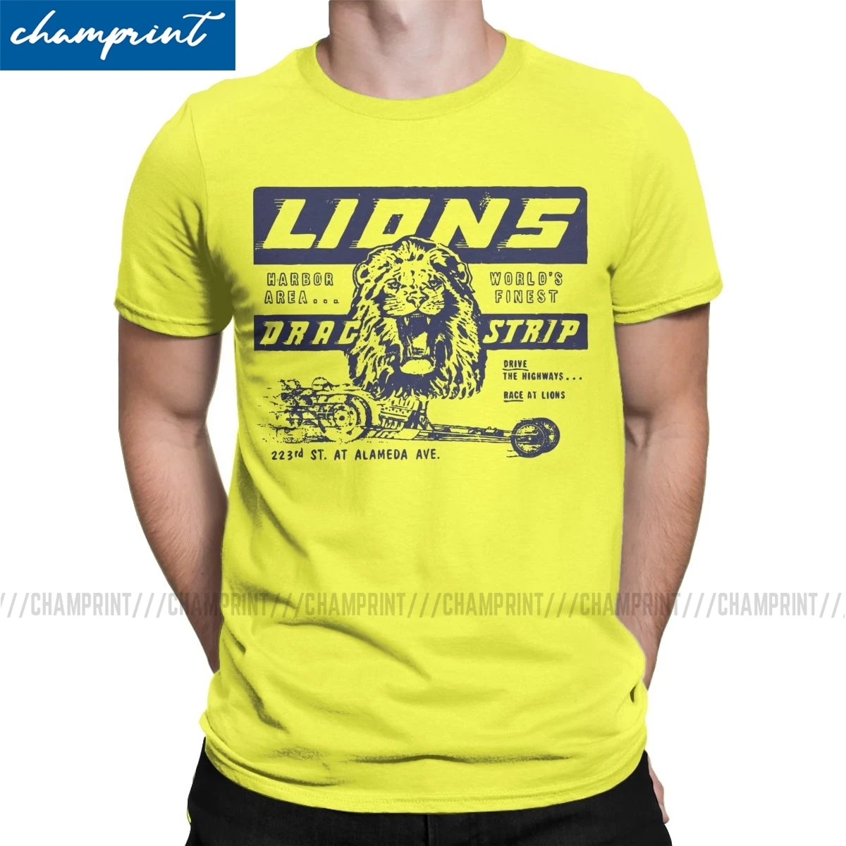 Novinka Intage Módne Pretekárske Auto Lions Drag Strip, Žltá T-Shirt Mužov Tričko Kedysi V Hollywoode Tee Tričko