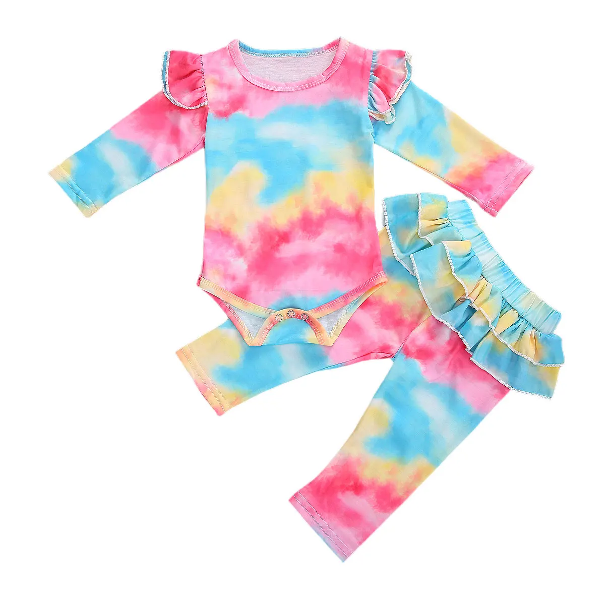 Novorodenca Dlhý Rukáv Romper+ Nohavice, tie-dye Vzor Lotus Leaf Dekorácie Gradient Farbu Domov Pyžamo 0-18 Mesiacov