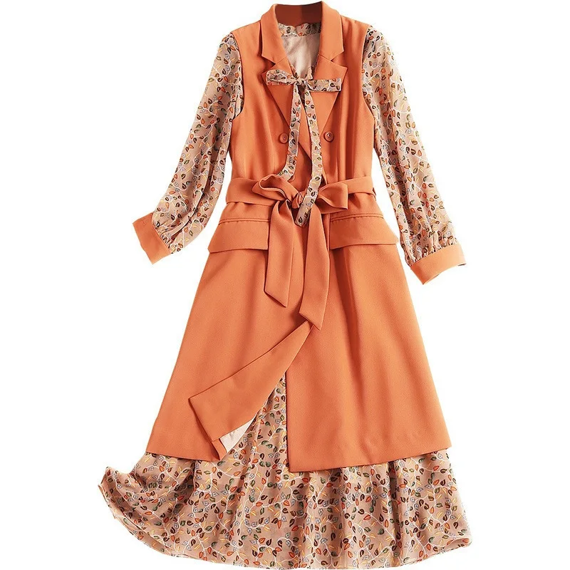 Nové 2019 jeseň dámske šifón šaty, oblek luk golier tlač-line šaty dvojité breasted dlhá vesta dve kus plus veľkosť