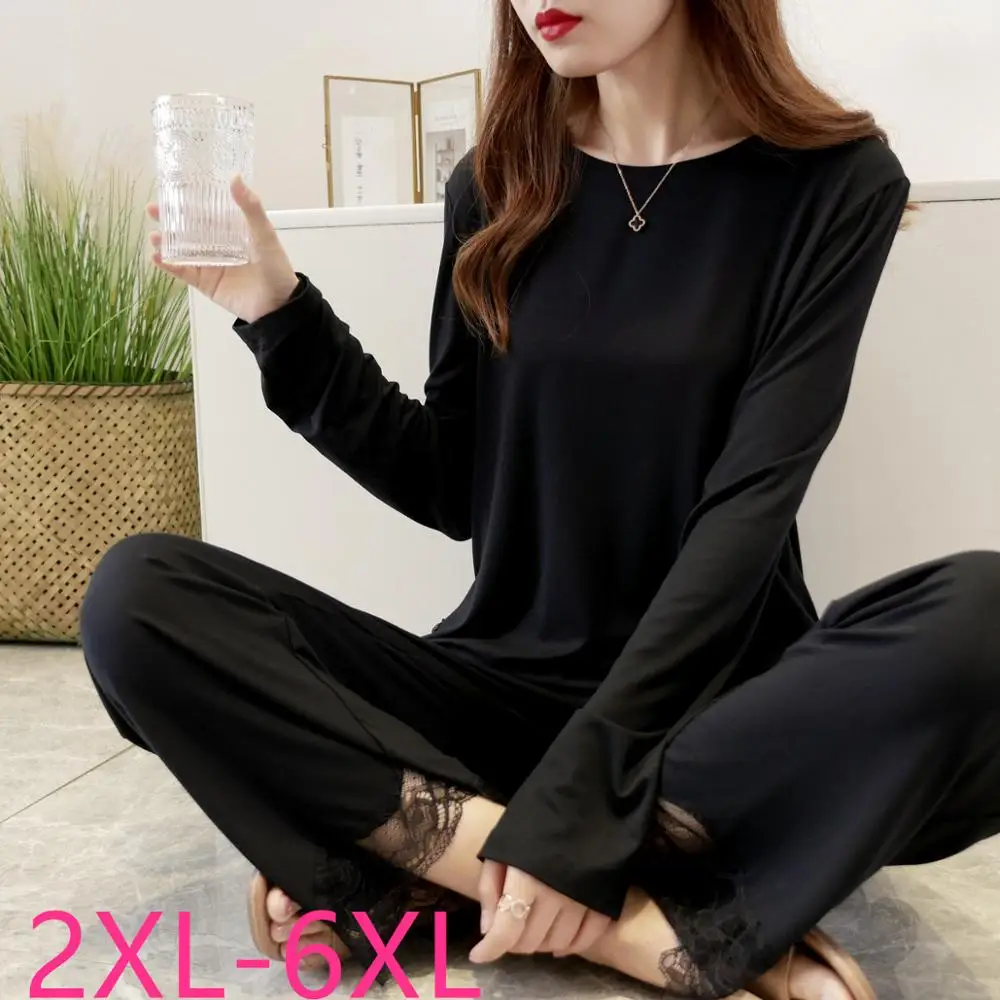 Nové jesenné zimné ženy plus veľkosť vyhovuje voľné dlhý rukáv spodná bielizeň, pyžamá čipky súpravy oblečenie, domáce oblečenie black 4XL 5XL 6XL