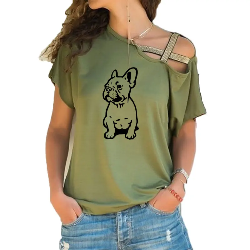 Nové Letné francúzsky Buldog T Shirt Ženy Bavlna Krátky Rukáv Dievčatá Tshirt Krásny Pes T-shirt Nepravidelný Skosenie Kríž Obväz Čaj