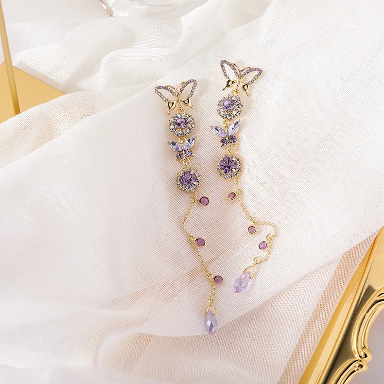 Nové módne senior lesklá fialová krištáľové náušnice elegantné dlhé jemné kovové Duté motýľ temperament Žien Pokles náušnice