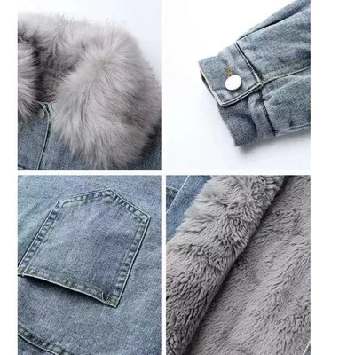 Nové voľné dlhý rukáv, krátke džínsové bundy kožušiny golier denim jacket pre ženy s velveteen zahusťovanie zime roku 2020
