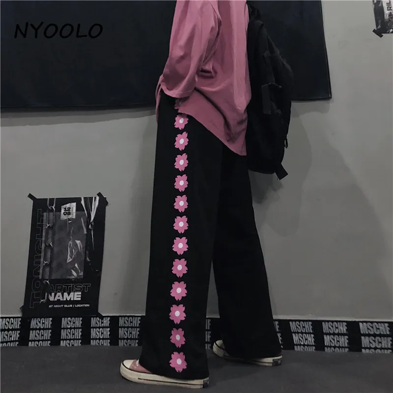 NYOOLO Harajuku streetwear Kvetinový tlač Voľné širokú nohu, nohavice ženy Bežné elastický pás hip hop skateboard bezec nohavice