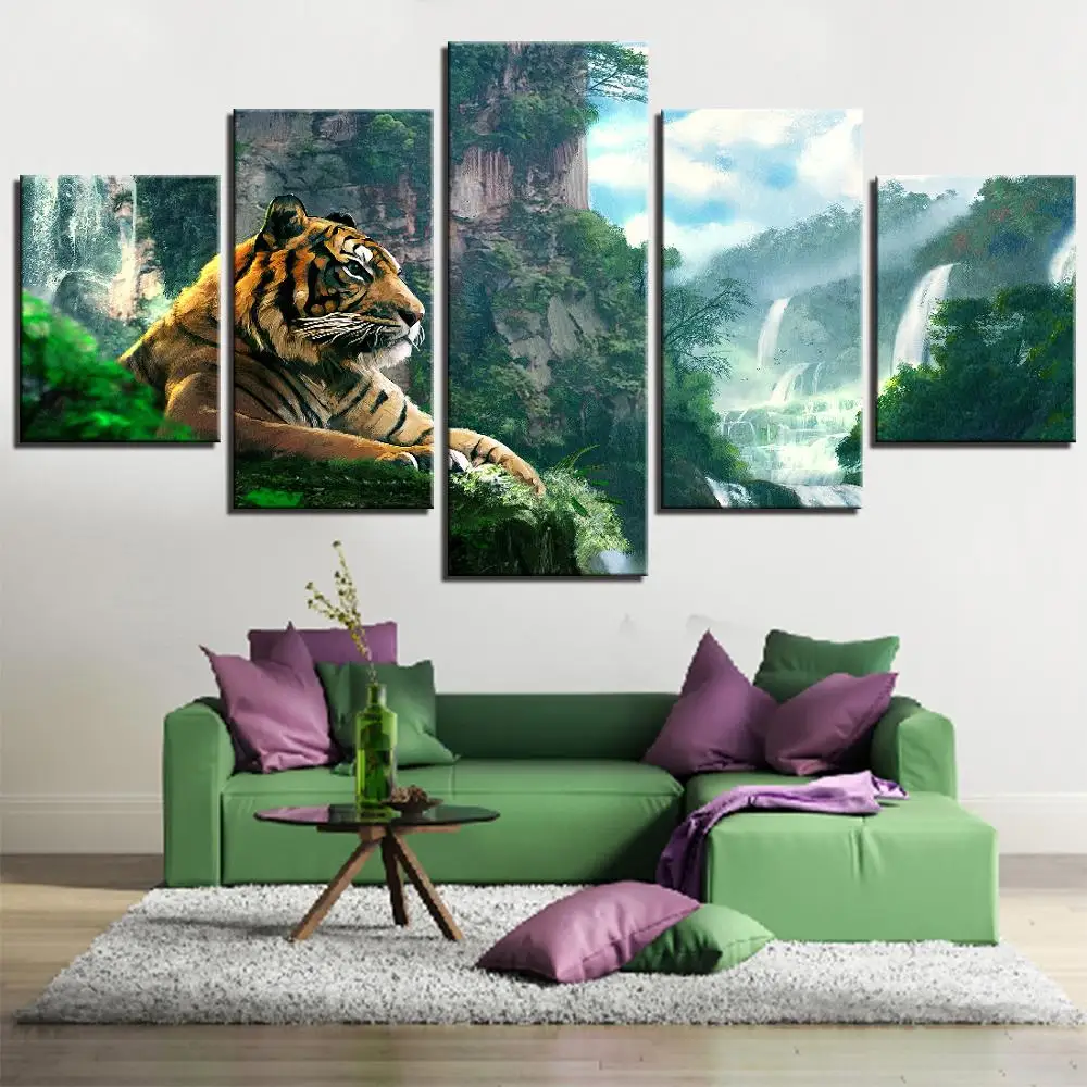 Obývacia Izba HD Vytlačený Plagát Moderné Nástenné Art Maľovanie 5 Panel Tiger A Horský Vodopád Domáce Dekorácie Obrázky Rámec