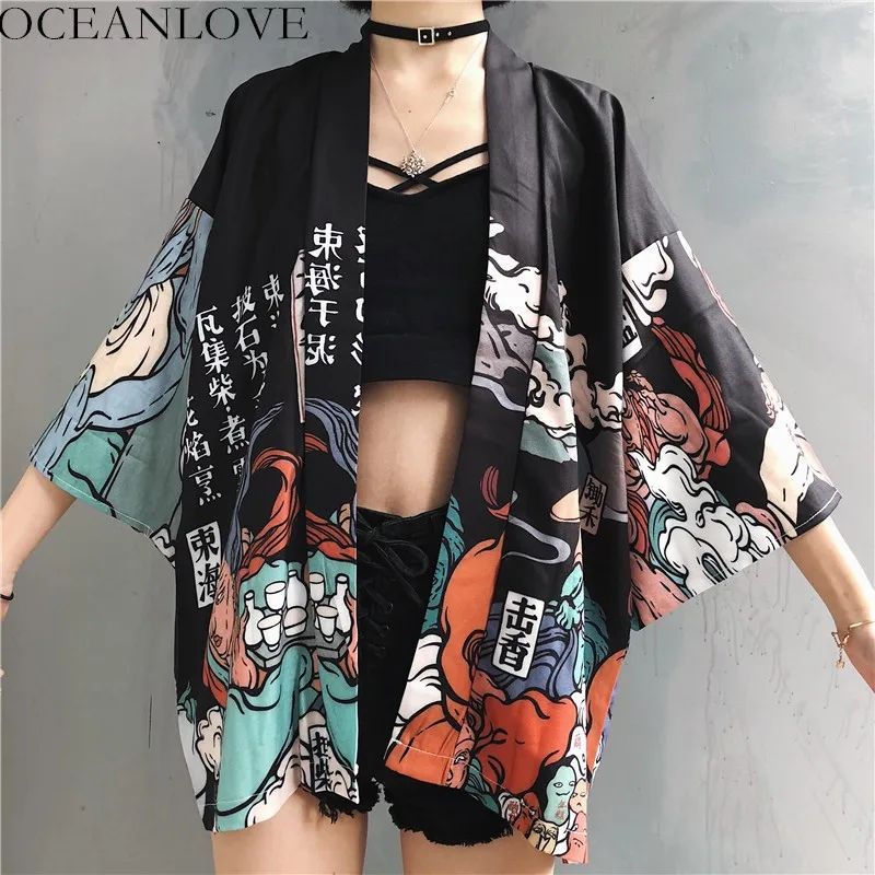 OCEANLOVE Harajuku Japonské Kimono Tlač 2020 Chimono Lete Cosplay Yukata Ženy Topy opaľovací Krém Módne Tenké Voľné Blúzky, 11192