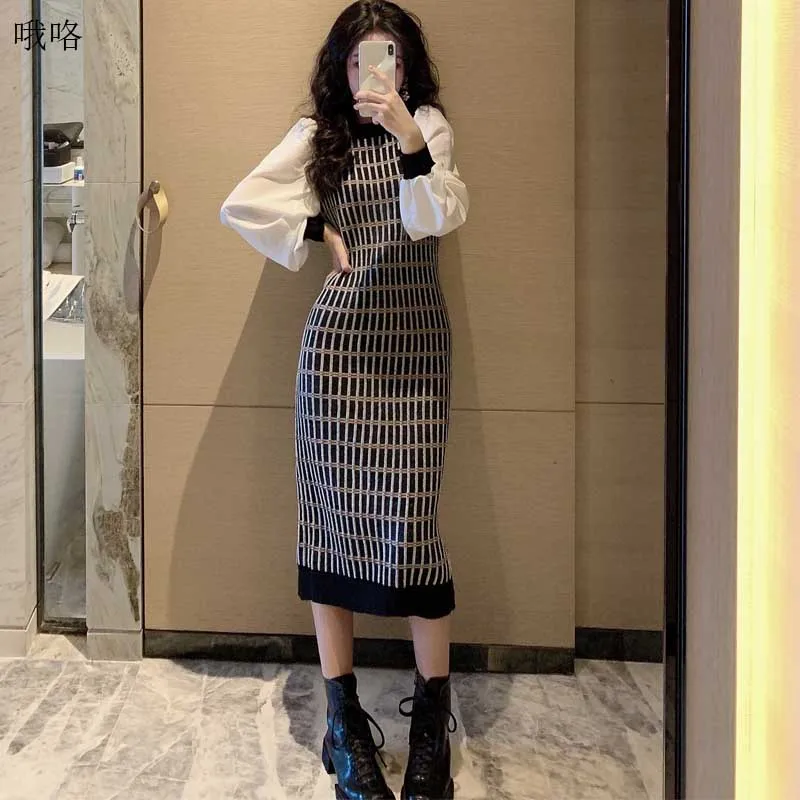 One-piece Spojov žena šaty kórejský módne vintage mreže šaty 2021 Jar Jeseň dámske dlhé rukávy šaty midi šaty