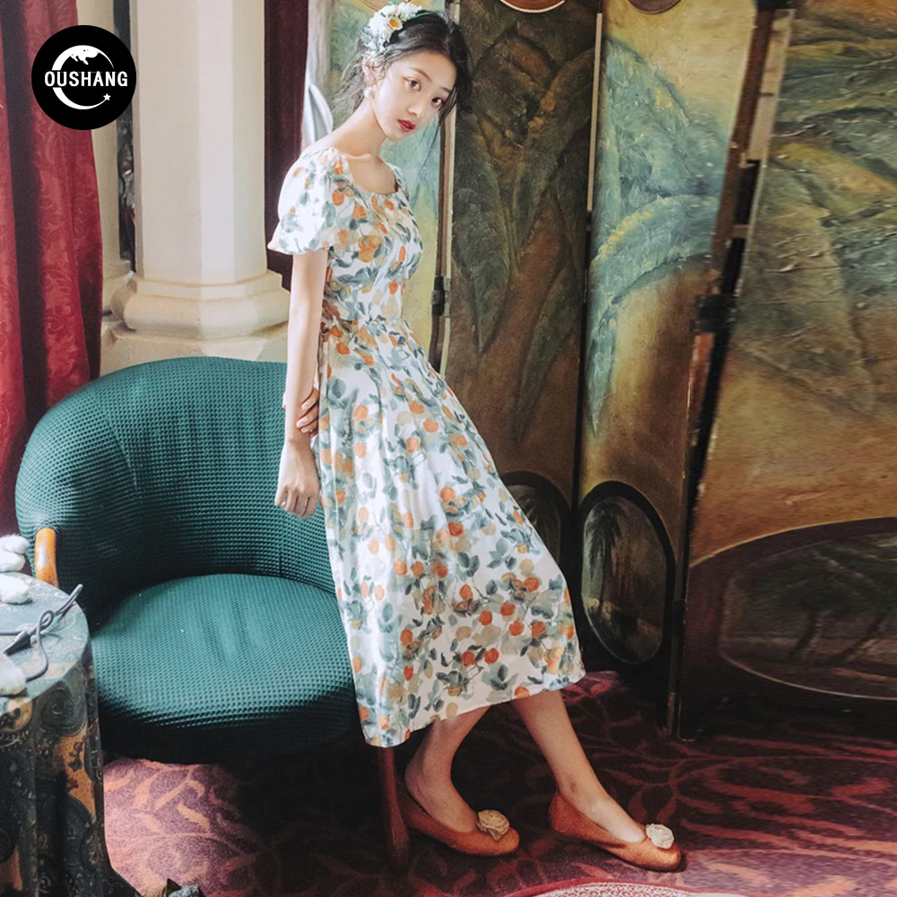 OUSHANG Vintage francúzskej Retro Kvetinový Tlač Šifón Šaty 2020 Žien na Jar/Leto Prímorské Holiday Beach Víla šaty Žena