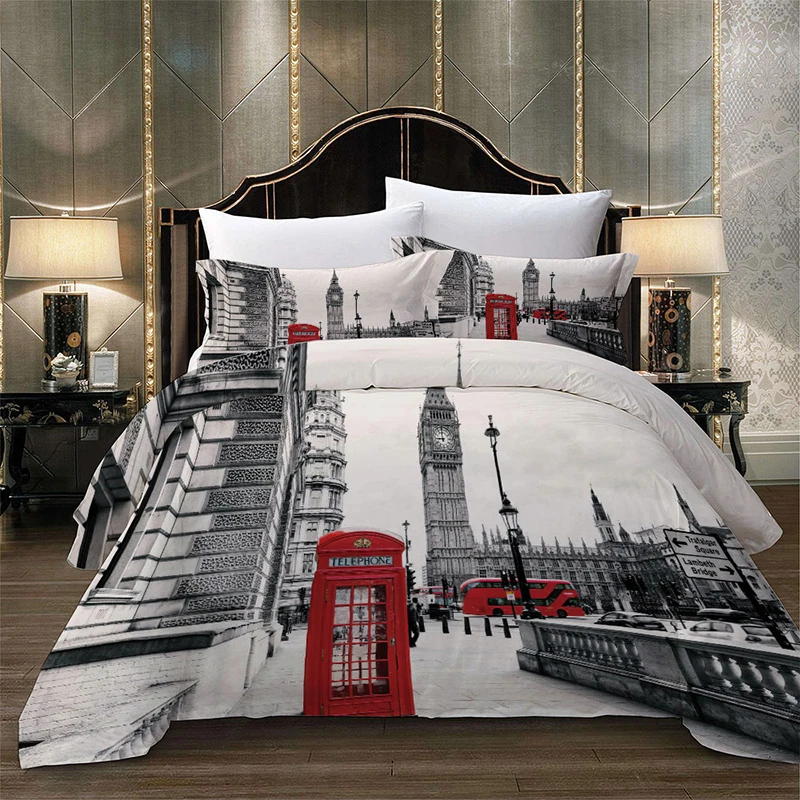 Paríž Tower v Londýne Scenérie Big Ben Červené Telefónne Búdky Autobus Tlač posteľná bielizeň Set Prikrývka Perinu+Vankúš NÁS AU EÚ Veľkosť