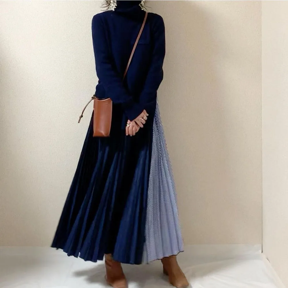 Pletené Šaty Žien 2020 Elegantné Pulóvre kórejský Japonskom Štýle Knitwear Dlhý Rukáv Patchwork Maxi Šaty Femme Vestiods Nové
